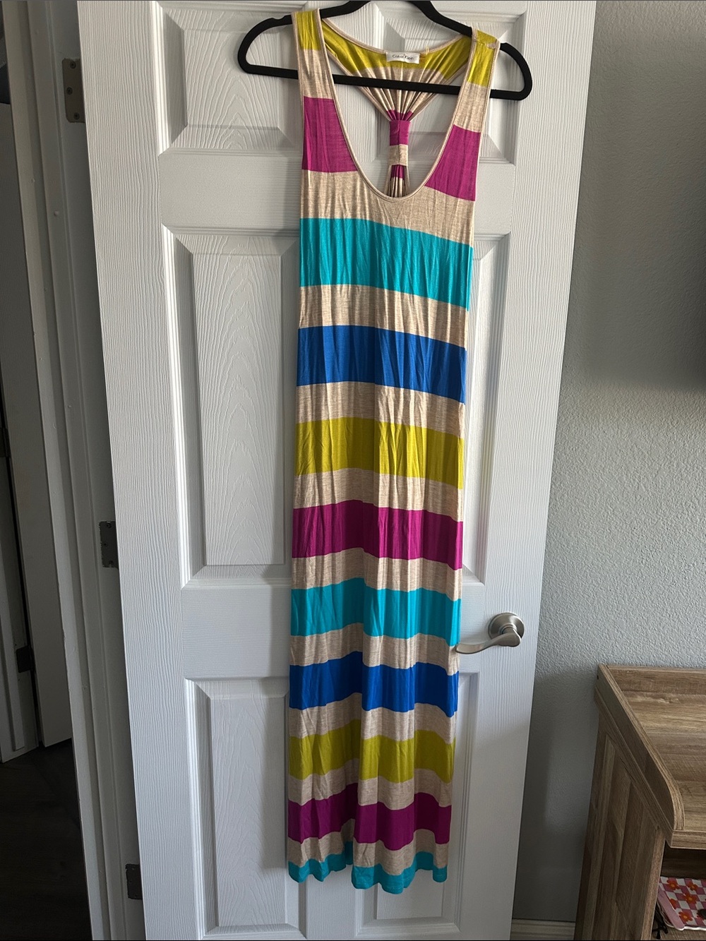 Calvin Klein Striped Tank Dress in Magenta, Turquoise, Yellow and Neutral